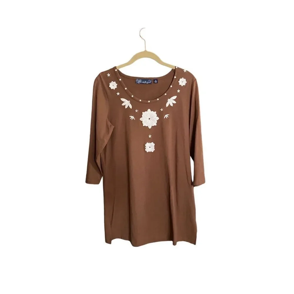 Susan graver liquid women’s brown embroidered floral tunic top size xs
